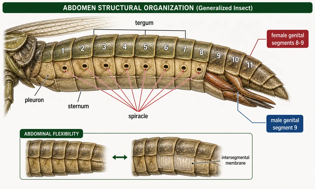 Structural organization of the insect abdomen showing segmentation, sclerites, spiracles, and major posterior appendage positions