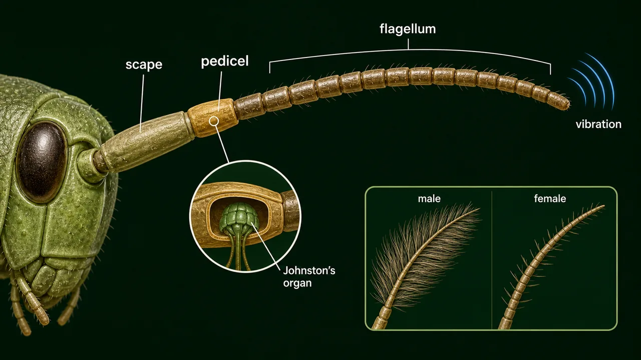 Insect antenna structure showing scape pedicel flagellum Johnston's organ vibration and male female antenna comparison