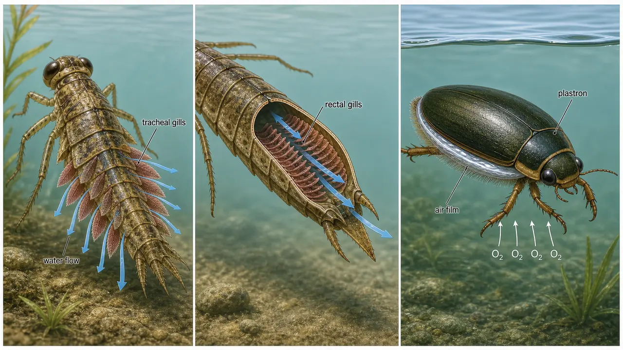 Comparison of aquatic insect respiration showing tracheal gills, internal rectal gills, and plastron air film respiration