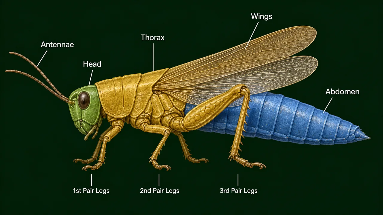 General insect body plan showing head thorax abdomen antennae wings and three pairs of legs