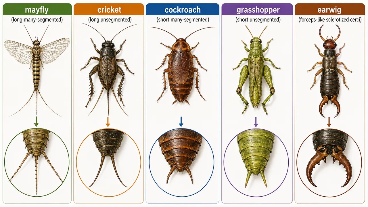 Comparison of major insect cerci forms including long segmented, short segmented, unsegmented, and forceps-like cerci