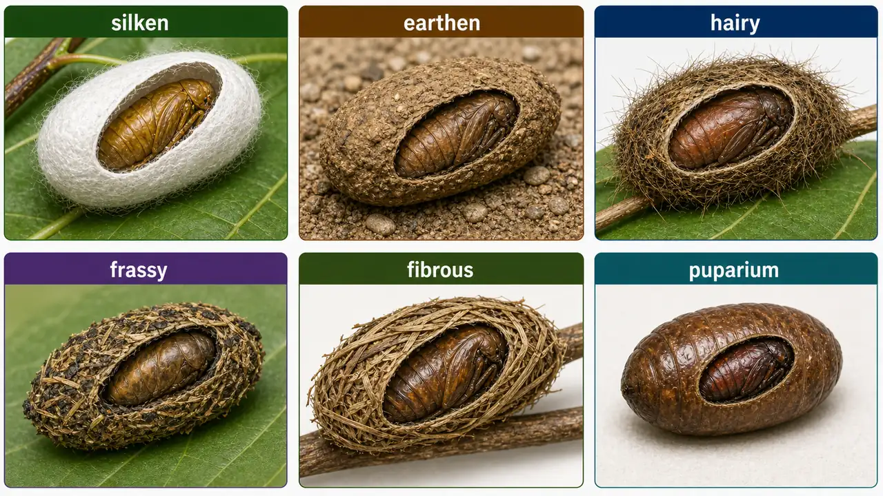 Comparison of silken, earthen, hairy, frassy, fibrous cocoons, and puparium in insects