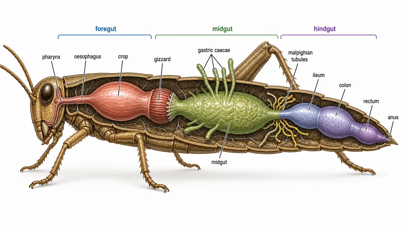 Insect digestive system overview showing foregut, midgut, hindgut, crop, gizzard, gastric caecae, malpighian tubules, and rectum