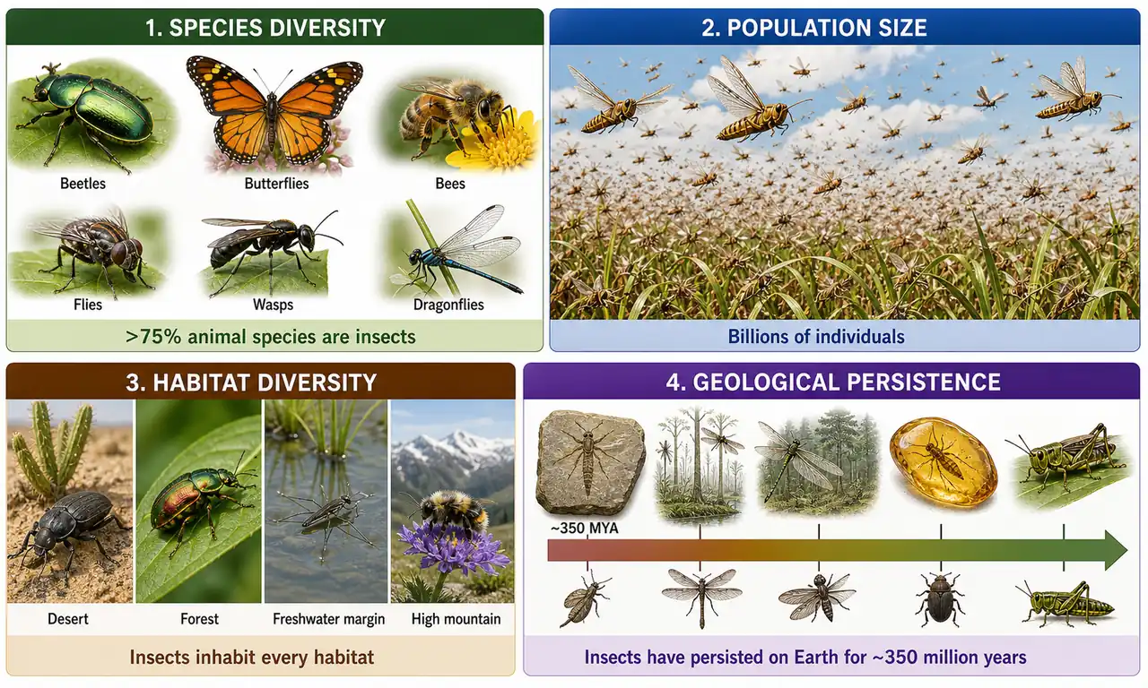 Board summarising the major measures of insect dominance including species diversity, population size, habitat range, and geological age
