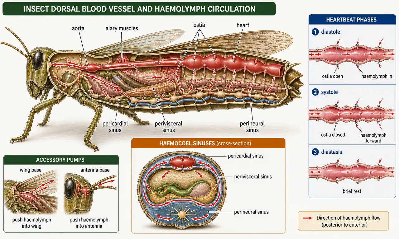 Insect dorsal vessel and haemolymph circulation showing heart chambers, ostia, aorta, and directional flow through the haemocoel