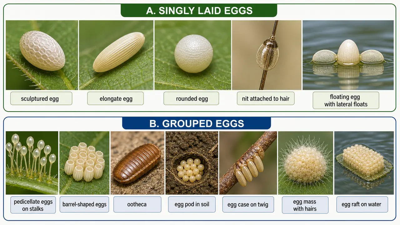 Comparison of common insect egg types such as sculptured, elongate, rounded, nit, pedicellate, ootheca, egg pod, and raft