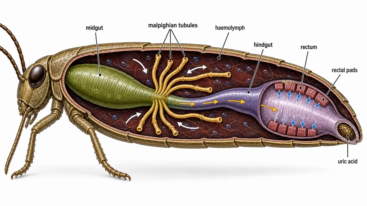 Insect excretory system overview showing Malpighian tubules at the midgut-hindgut junction, haemolymph, rectum, rectal pads, and uric acid excretion