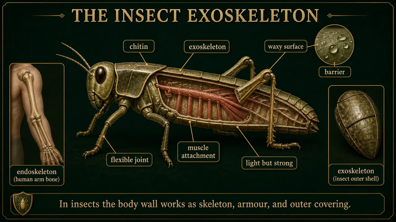 Insect exoskeleton overview showing chitinous body wall, waxy surface barrier, flexible joints, and muscle attachment compared with vertebrate endoskeleton
