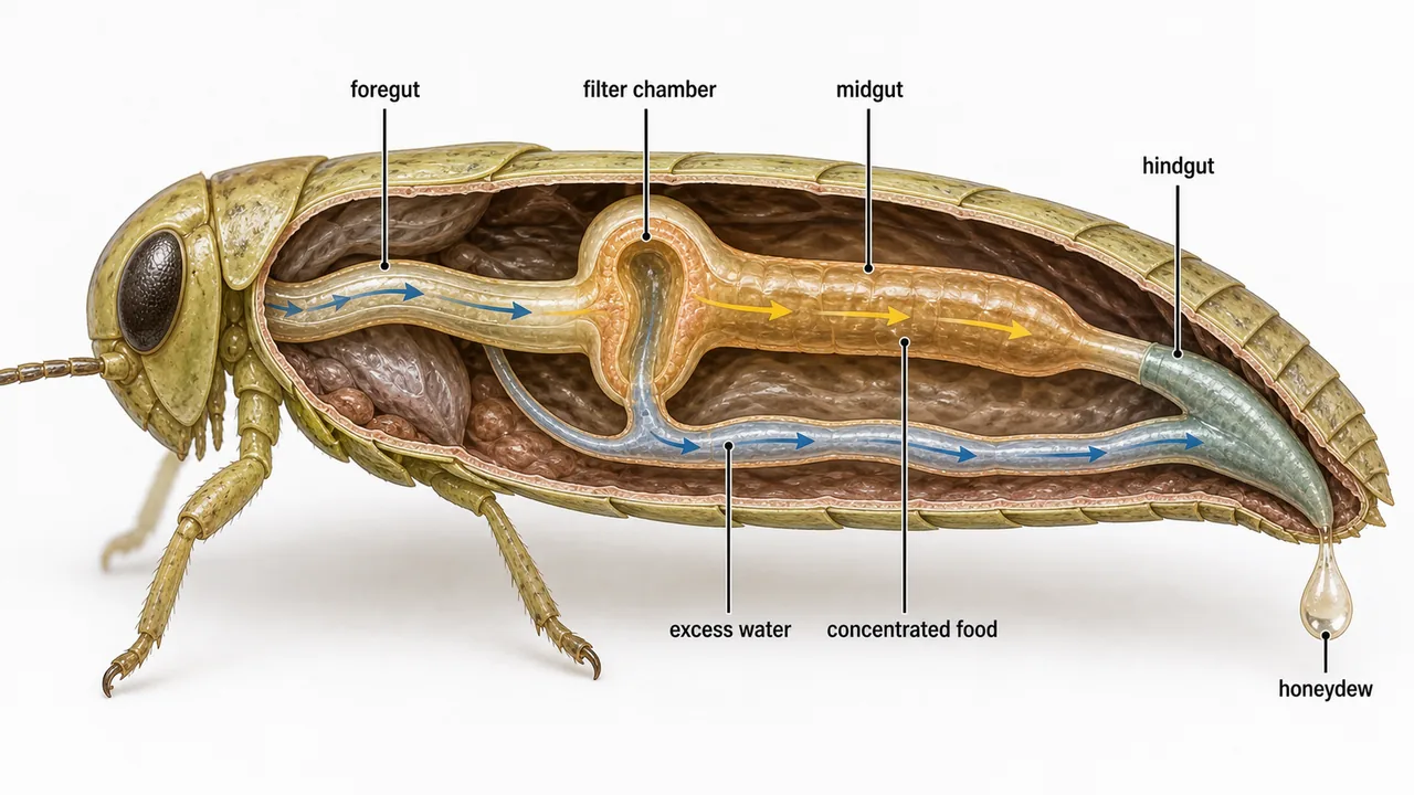 Filter chamber in a sap-feeding insect showing excess water bypass from foregut toward hindgut while concentrated food continues through the midgut