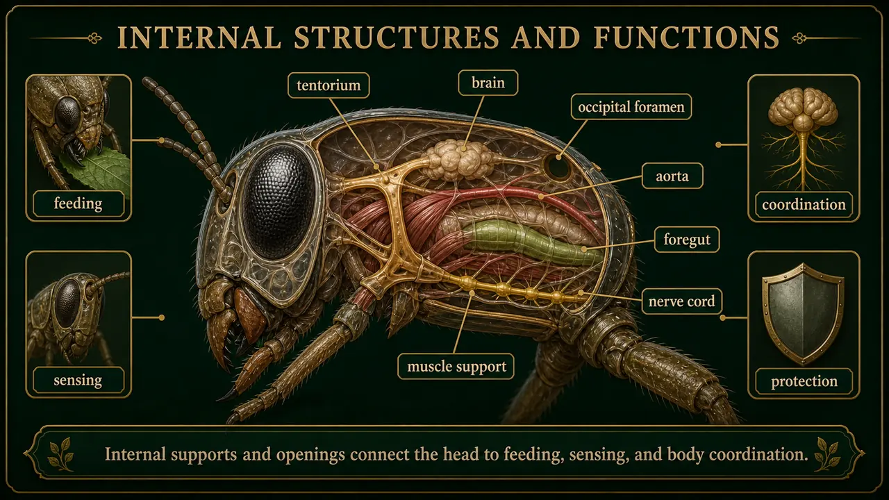 Internal structures of the insect head showing tentorium, brain, occipital foramen, aorta, foregut, nerve cord, and support functions