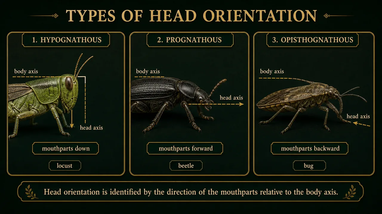 Scientific diagram of insect head orientation showing hypognathous, prognathous, and opisthognathous types with head axis and body axis positions