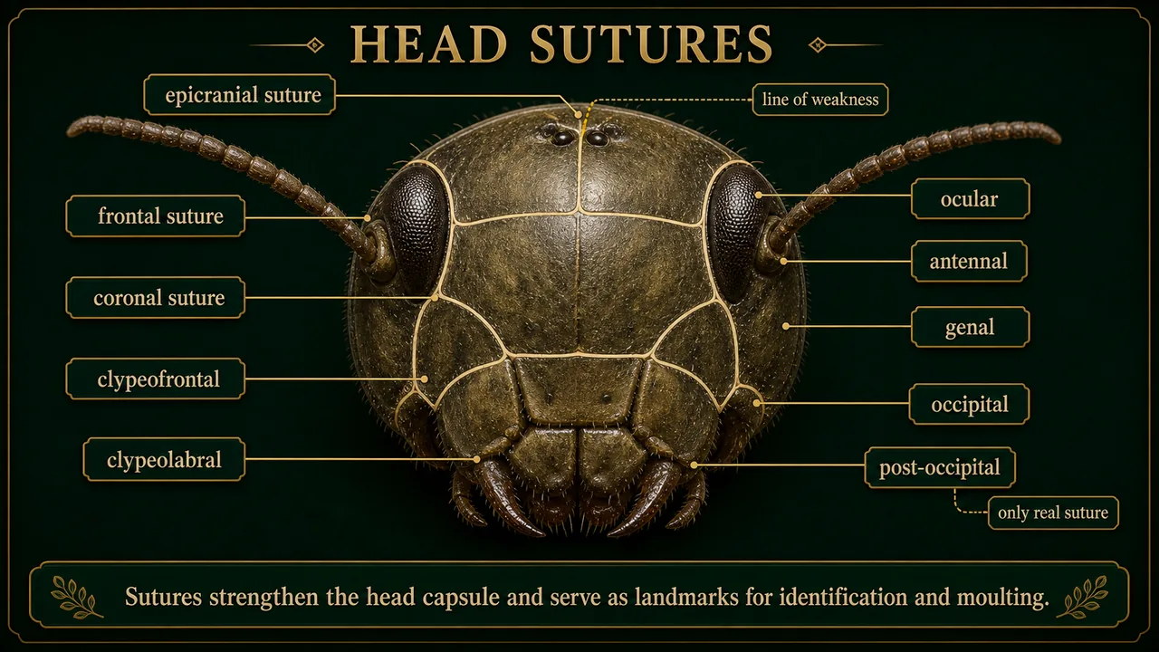Insect head sutures diagram showing epicranial, frontal, coronal, clypeolabral, clypeofrontal, occipital, post-occipital, genal, ocular, and antennal sutures