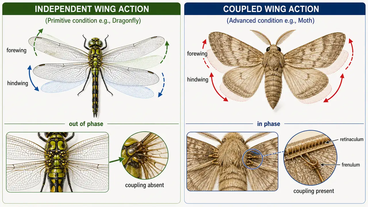 Comparison of insects with independently beating wings versus synchronously coupled wings during flight