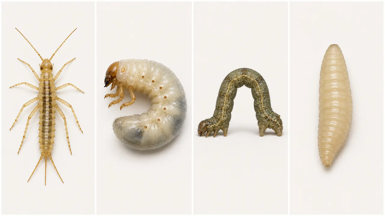 Comparison of insect larval forms including campodeiform, scarabaeiform, caterpillar, semilooper, looper, and maggot