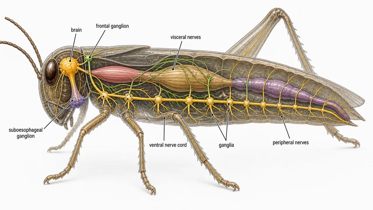 Organization of the insect nervous system showing brain, suboesophageal ganglion, ventral nerve cord, ganglia, visceral nerves, and peripheral nerves