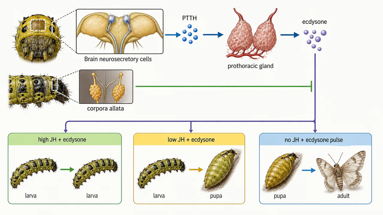 Neuroendocrine moulting cascade in insects showing brain hormone, corpora allata, prothoracic glands, juvenile hormone, and ecdysone outcomes