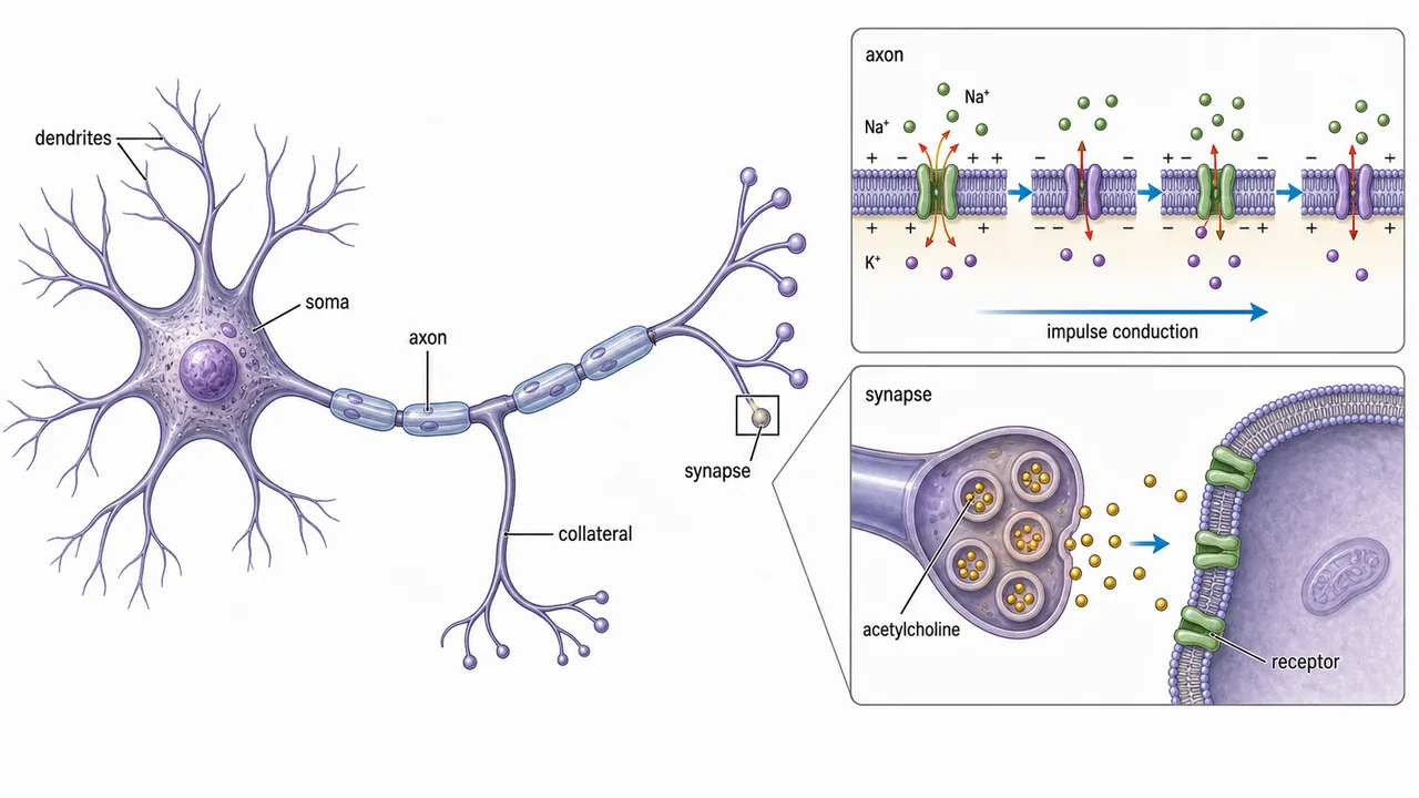Insect neuron overview showing soma, dendrites, axon, collateral, synapse, and the difference between axonic and synaptic conduction