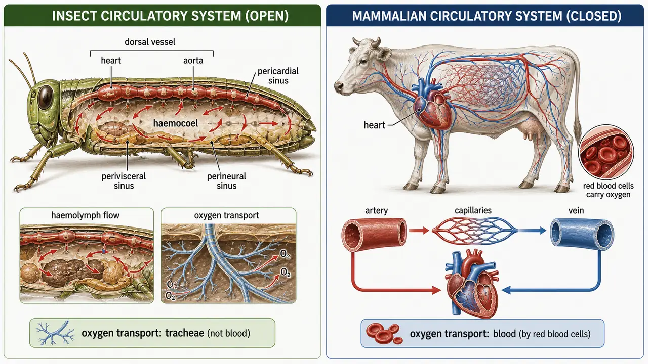 Comparison of insect open circulation and vertebrate closed circulation showing haemocoel, haemolymph flow, and vessel confinement