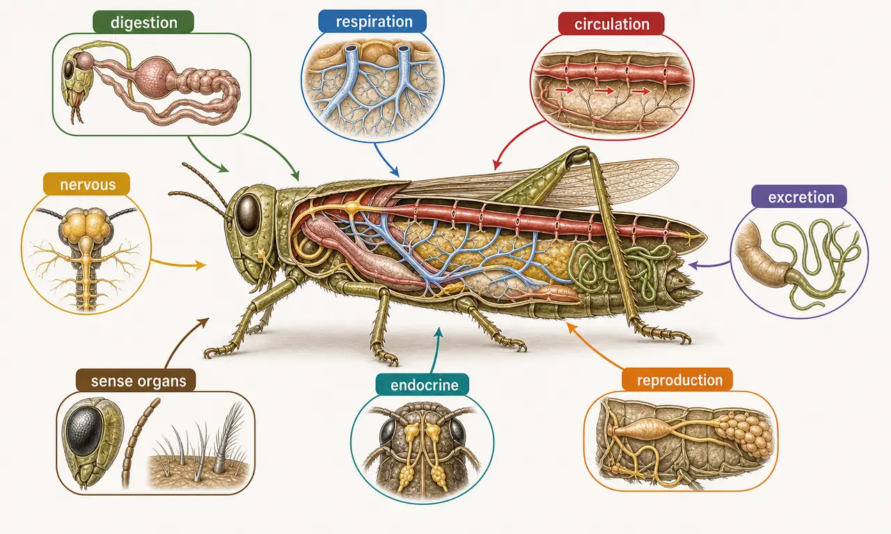 Integrated map of major insect physiology systems linking sensory input with nervous, circulatory, respiratory, and endocrine coordination