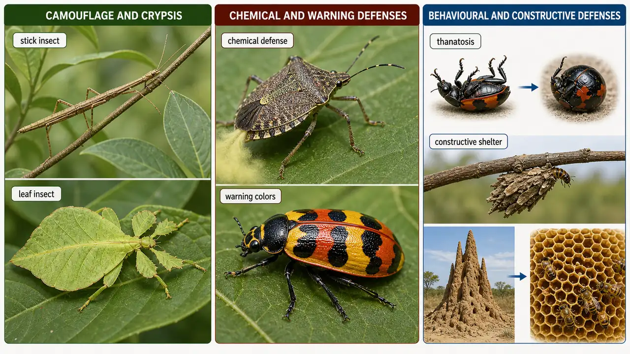 Comparison of protective adaptations in insects including camouflage, structural defence, chemical defence, and defensive behaviour