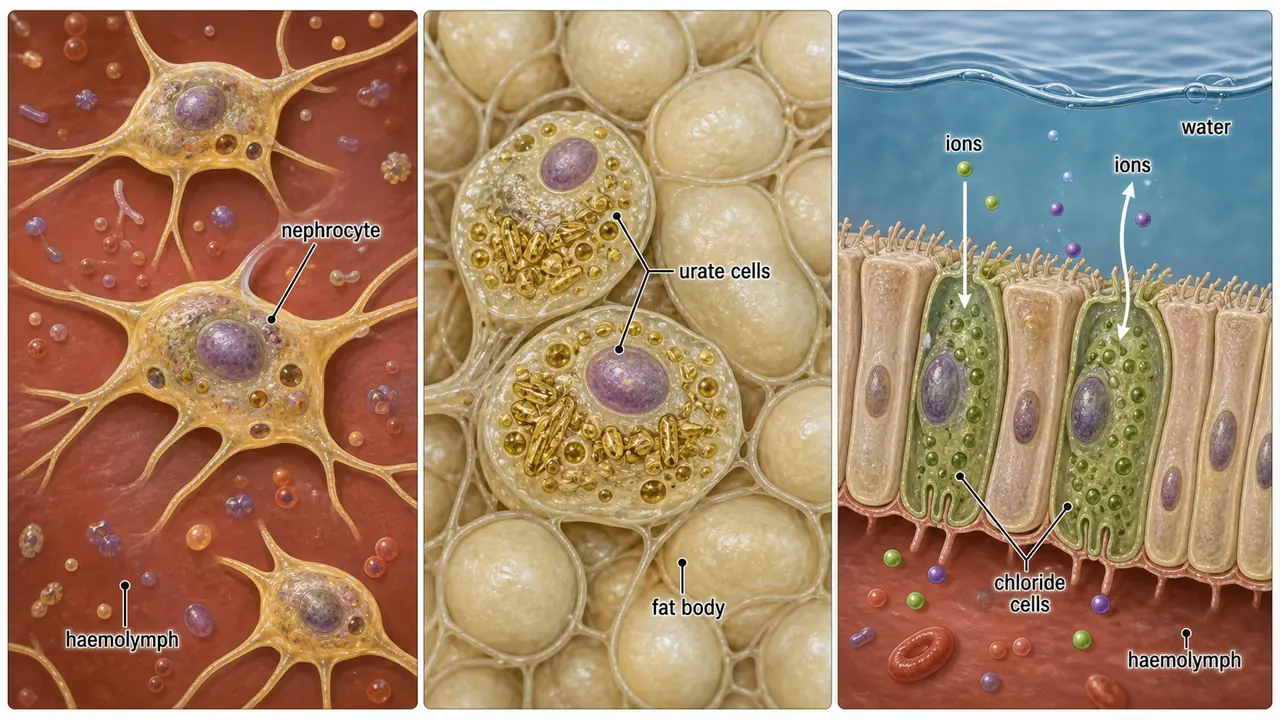 Comparison of insect secondary excretory and osmoregulatory routes showing nephrocytes in haemolymph, urate cells in fat body, and chloride cells in aquatic larvae