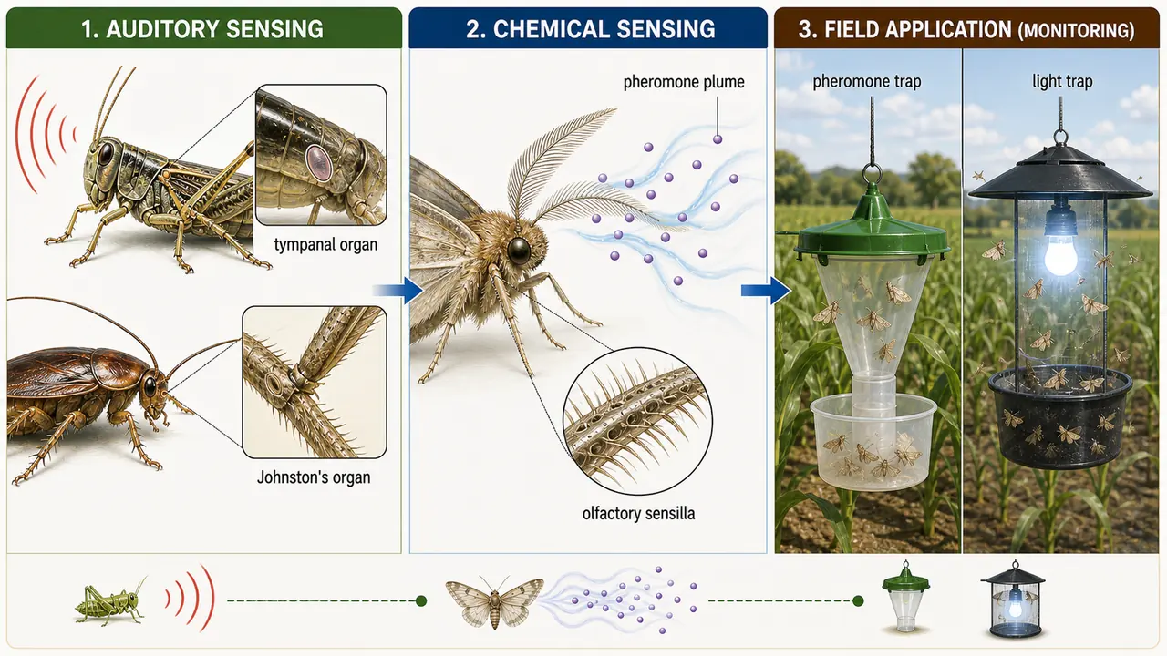 Applications of insect sensory biology in pest monitoring including pheromone traps, light traps, and other monitoring tools
