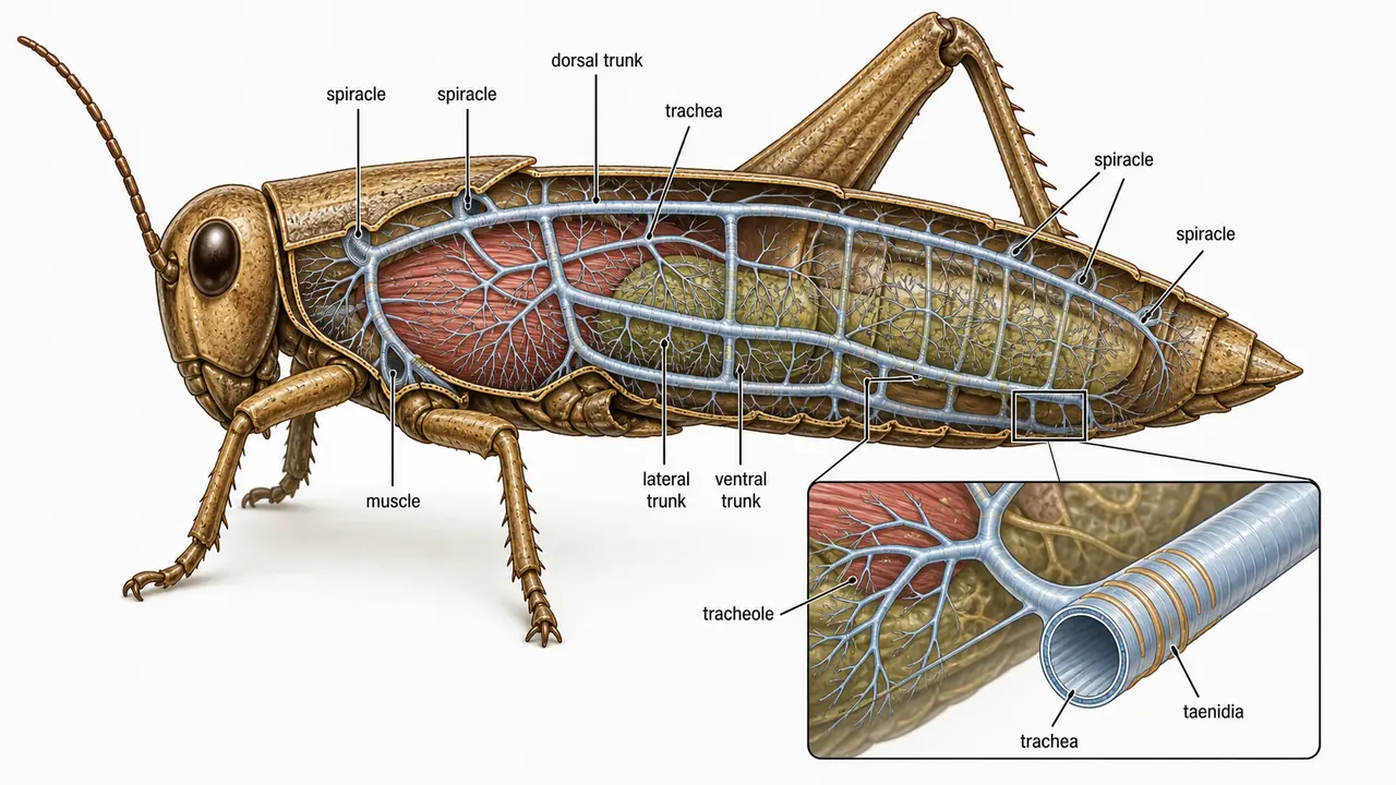 Insect tracheal respiratory system overview showing spiracles, tracheal trunks, tracheae, tracheoles, and taenidia