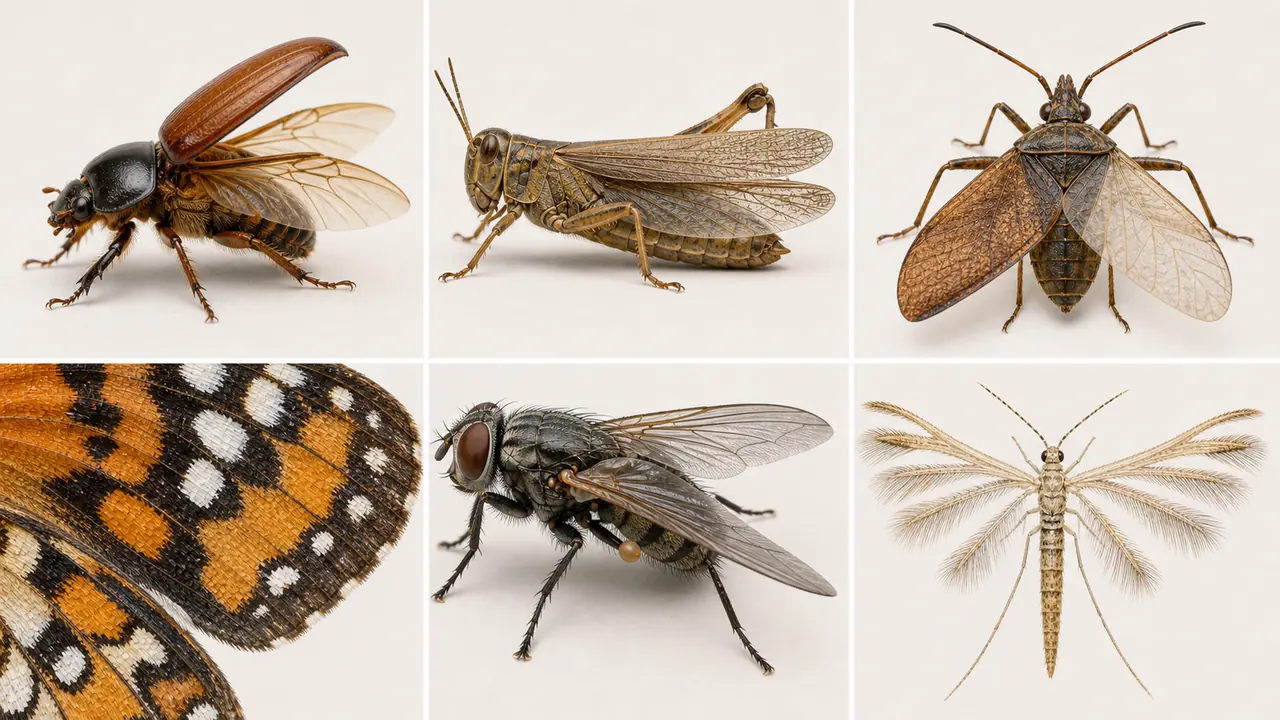 Comparison of major insect wing modifications including tegmina, elytra, hemelytra, halteres, and scaly wings