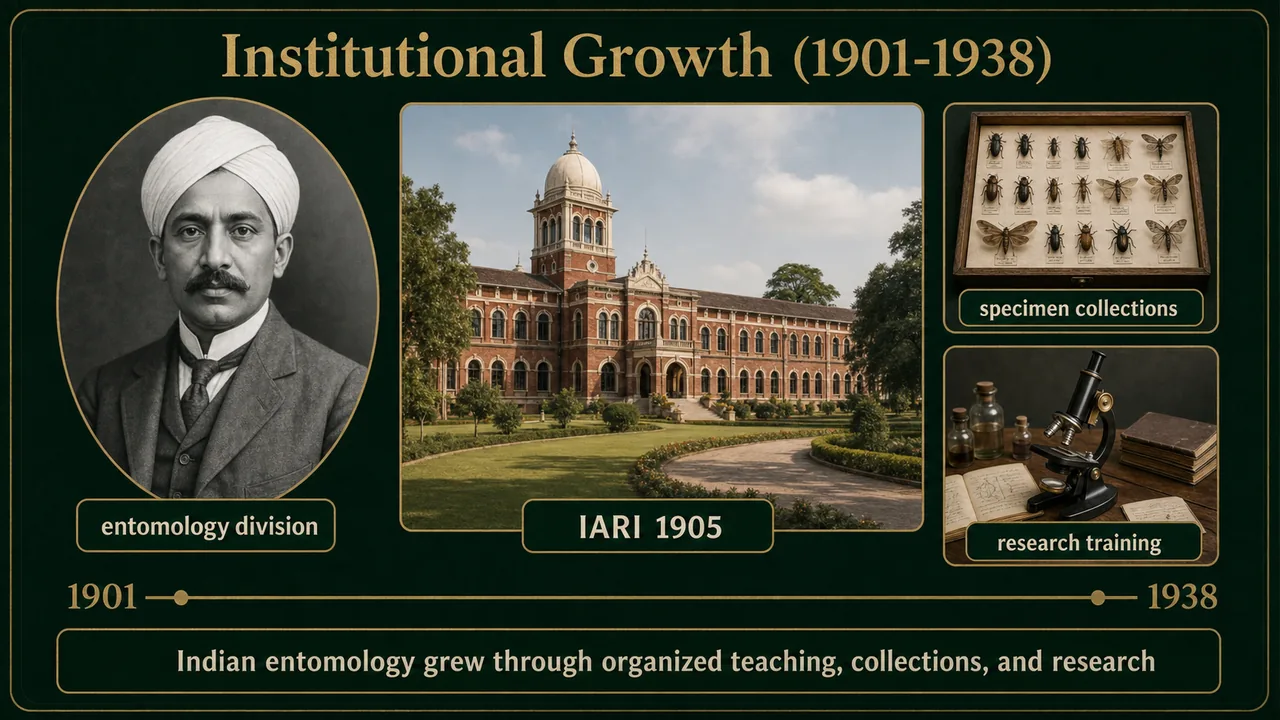 Institutional growth of entomology in India showing H. S. Pruthi, IARI, specimen collections, and research training