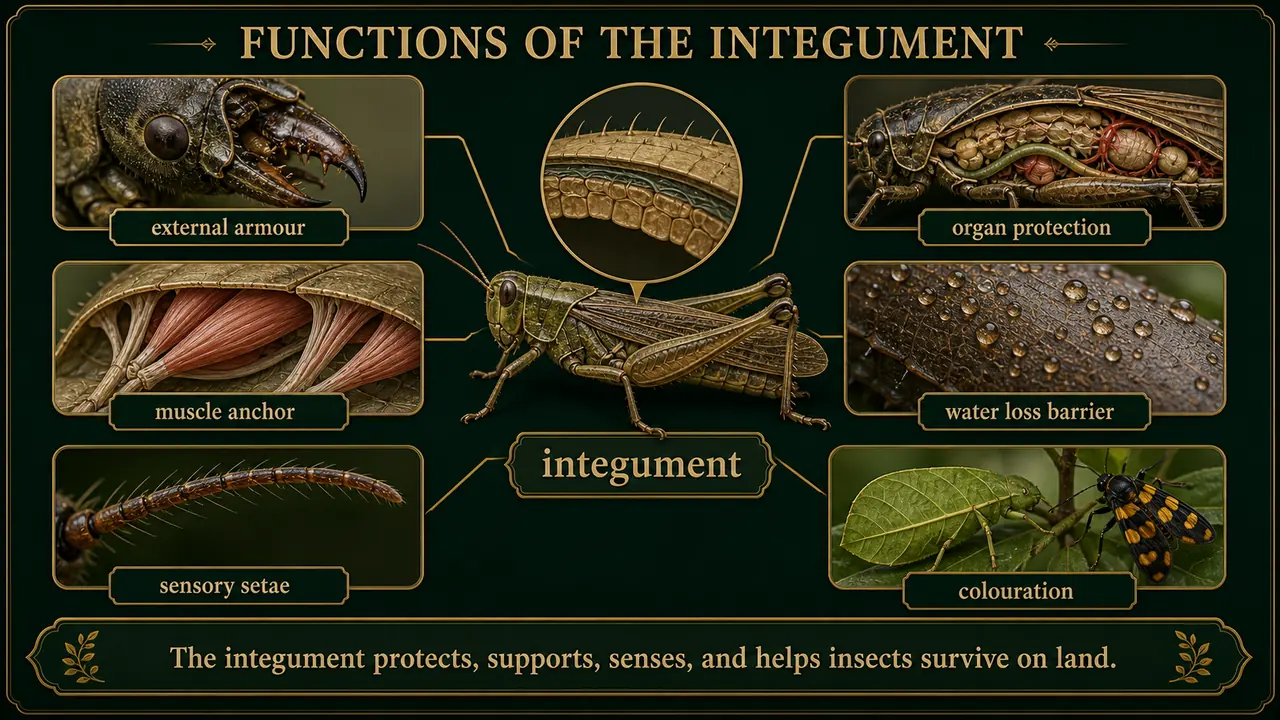 Functions of the insect integument showing external armour, organ protection, muscle attachment, water loss barrier, sensory setae, and colouration