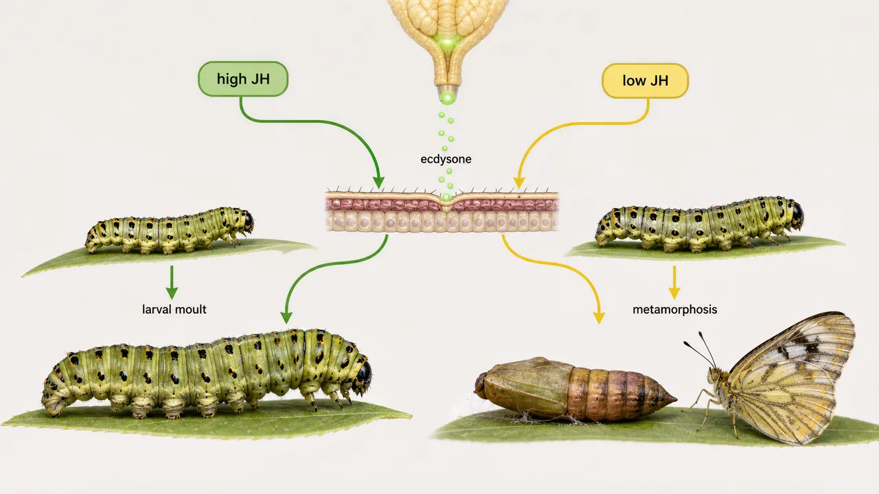 Insect endocrine pathway showing how juvenile hormone and ecdysone determine larval moulting or metamorphosis