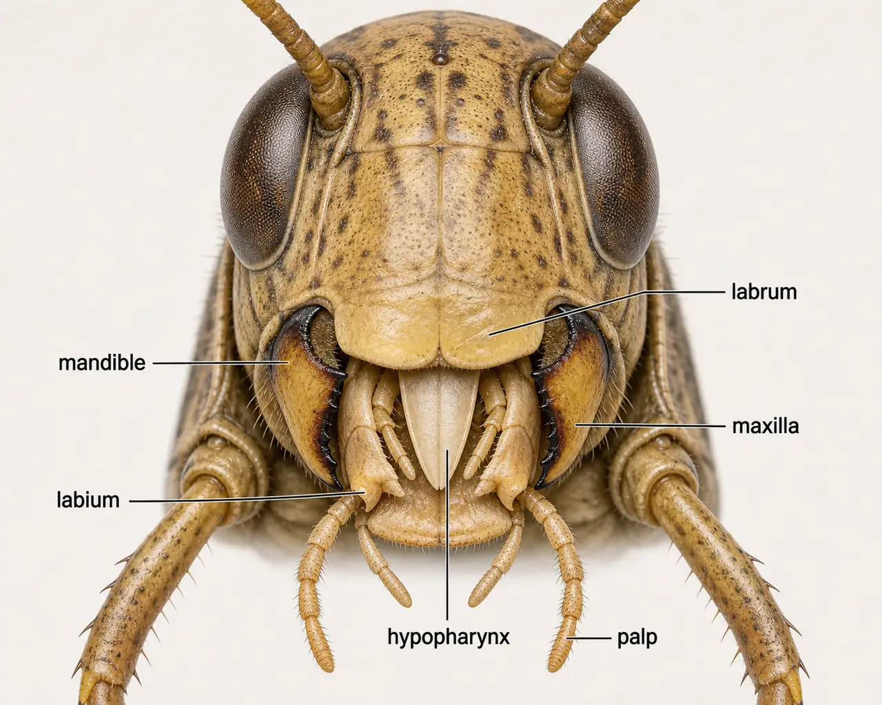Overview of biting chewing mandibulate mouthparts showing the coordinated role of labrum, mandibles, maxillae, labium, and hypopharynx
