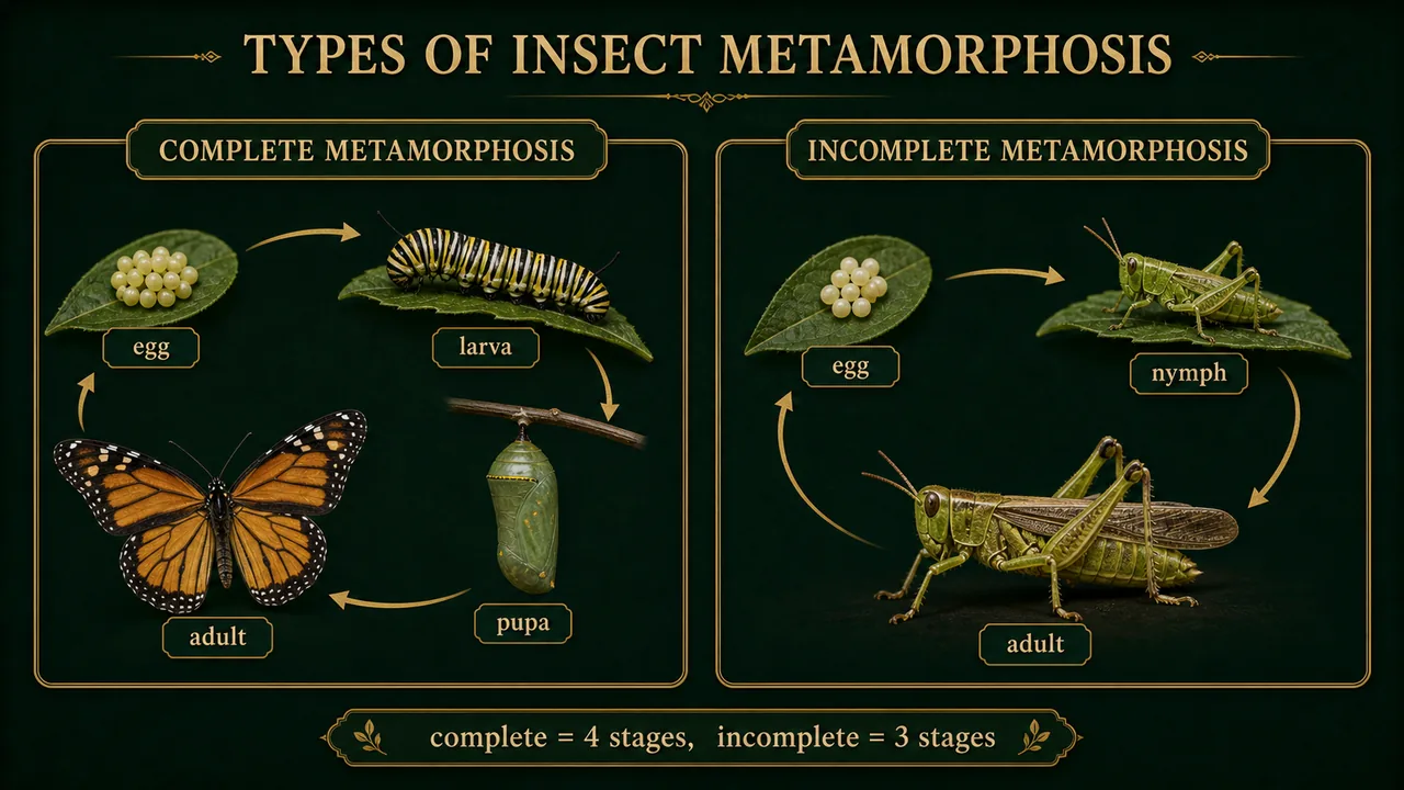 Comparison of complete and incomplete metamorphosis in insects showing egg larva pupa adult versus egg nymph adult