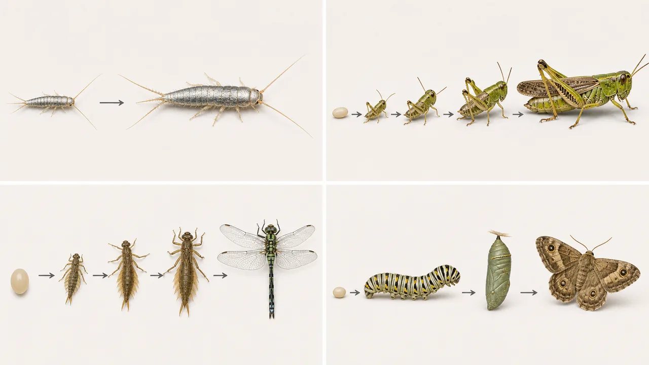 Visual comparison of ametabolous, incomplete, and complete metamorphosis pathways from egg to adult