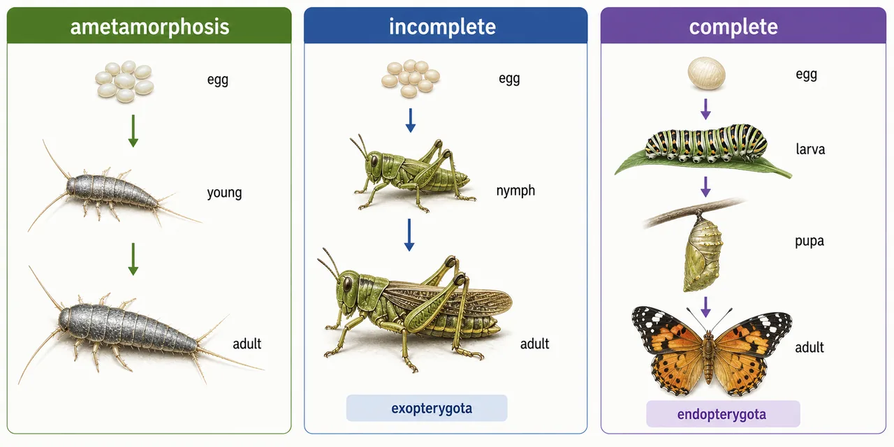 Stage-by-stage comparison of ametamorphosis, incomplete metamorphosis, and complete metamorphosis in insects