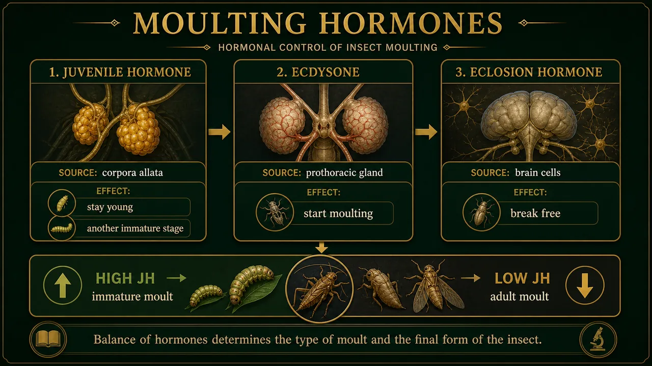Moulting hormones in insects showing juvenile hormone from corpora allata, ecdysone from prothoracic gland, and eclosion hormone from brain cells with their outcomes