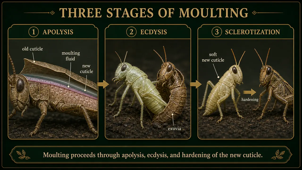 Three stages of insect moulting showing apolysis, ecdysis, and sclerotization with old cuticle, new cuticle, exuvia, and hardening sequence