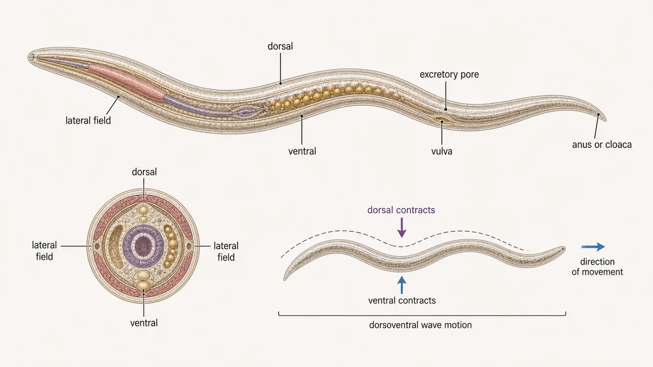 Nematode body zones showing dorsal, ventral, and lateral sides with lateral fields, excretory pore, vulva, anus or cloaca, and dorsoventral movement cue