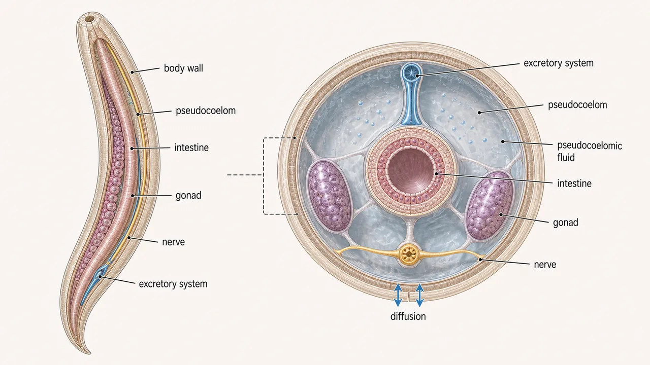Nematode pseudocoelom showing pseudocoelomic fluid between the body wall and intestine with suspended gonad, nerve, and excretory structures