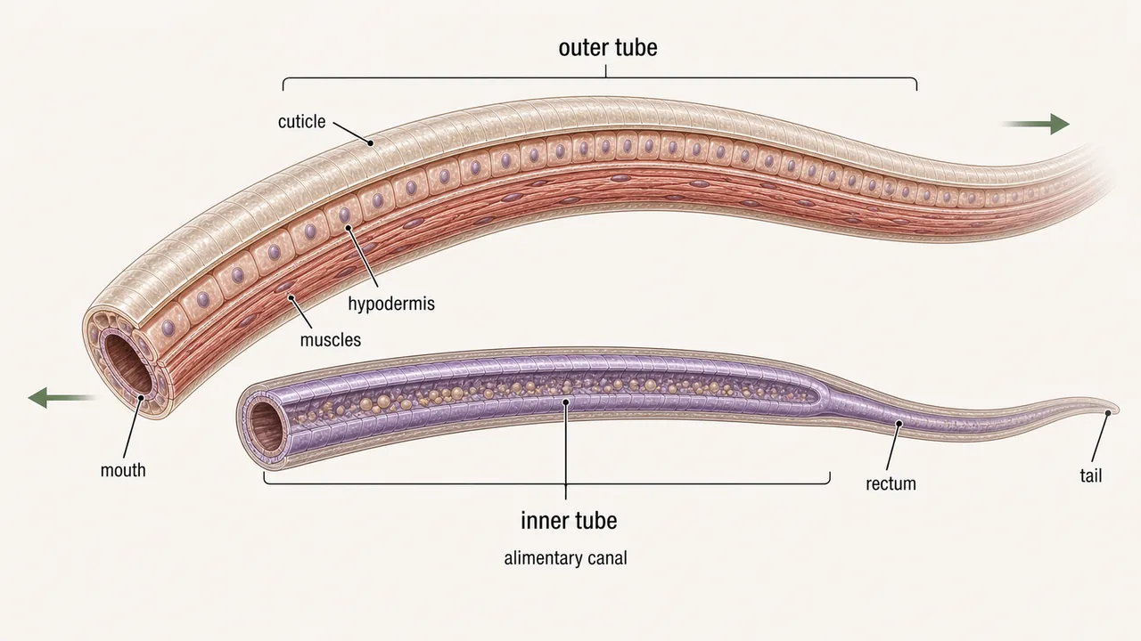 Nematode tube-within-a-tube body plan showing outer body wall with cuticle, hypodermis, muscles, and inner alimentary canal connected at mouth and rectum