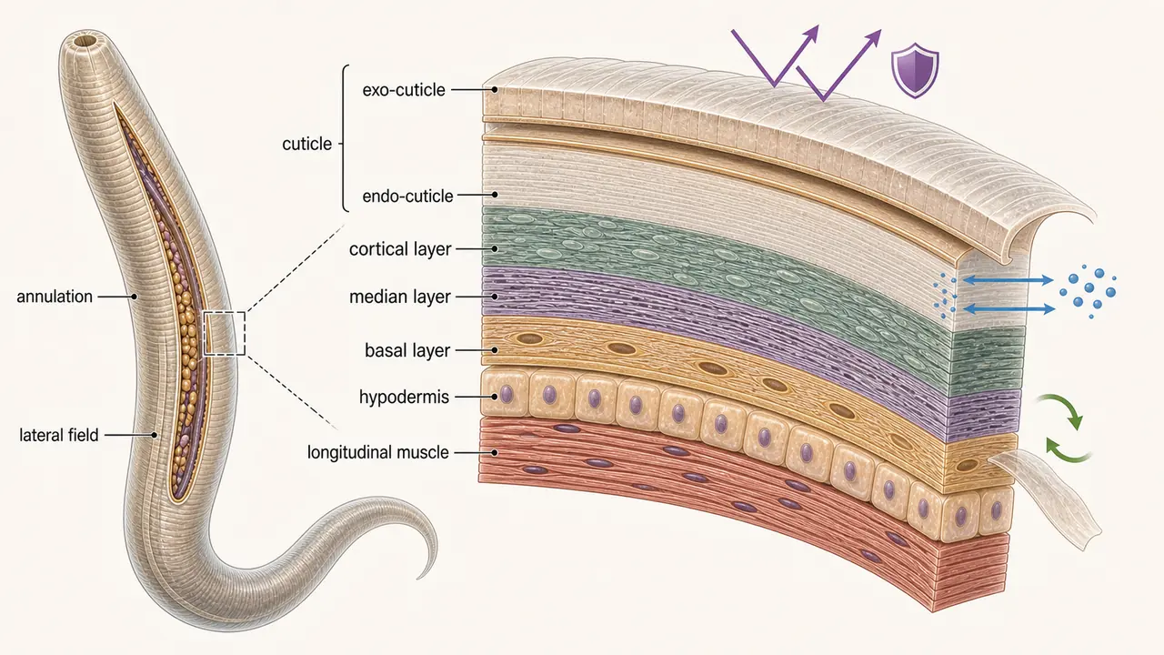 Nematode body wall cuticle showing exo-cuticle, endo-cuticle, cortical, median, and basal layers above hypodermis and longitudinal muscle
