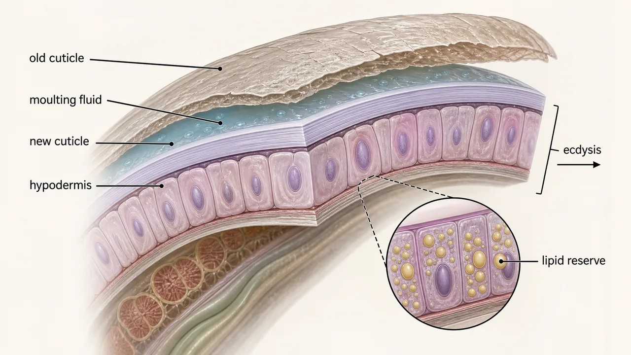 Hypodermis of nematode secreting a new cuticle beneath old cuticle during ecdysis with lipid reserve in hypodermal cells