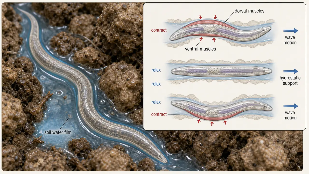 Longitudinal muscles of nematode showing alternating dorsal and ventral contraction producing sinusoidal movement in soil water film