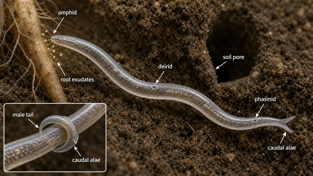 Nematode sensory organs showing amphid near head, deirid on lateral field, phasmid near tail, and male caudal alae around the tail