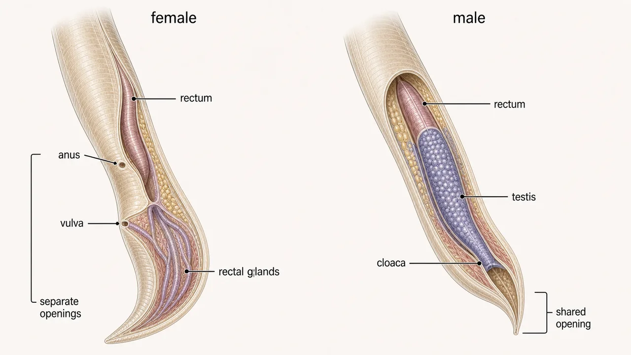 Male and female nematode hindgut comparison showing female anus and vulva as separate openings and male cloaca as a shared opening