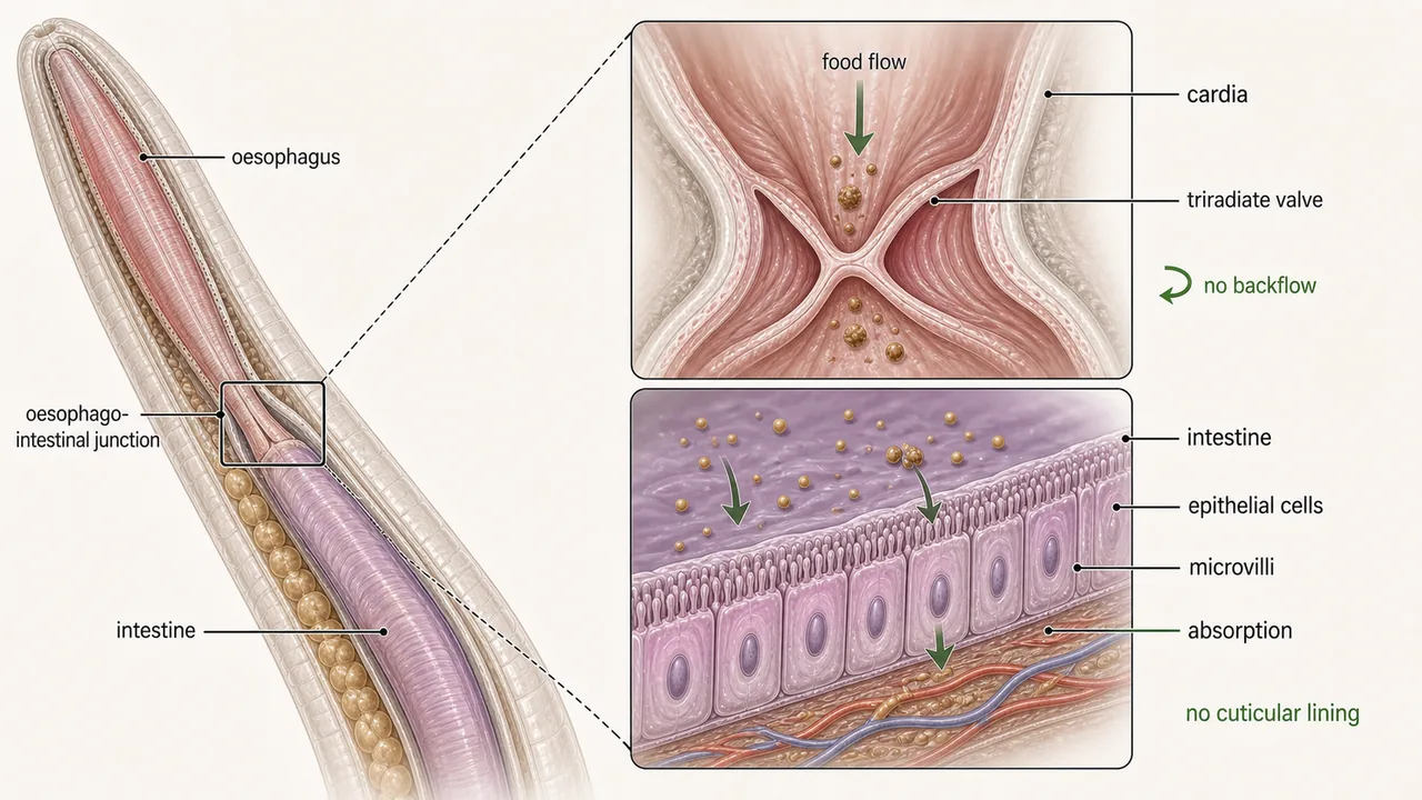 Nematode cardia and intestine showing triradiate valve, food flow into intestine, epithelial cells, microvilli, and absence of cuticular lining
