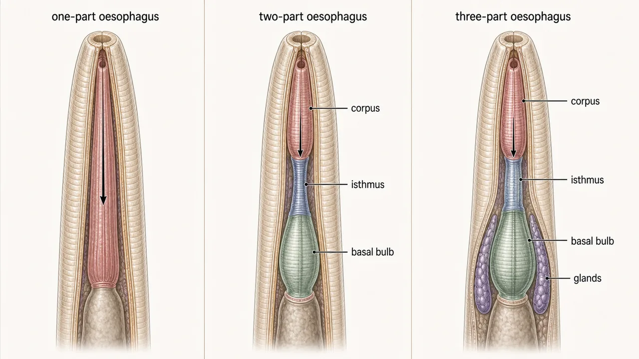 Comparison of one-part, two-part, and three-part nematode oesophagus with corpus, isthmus, basal bulb, and glands in the plant parasitic type