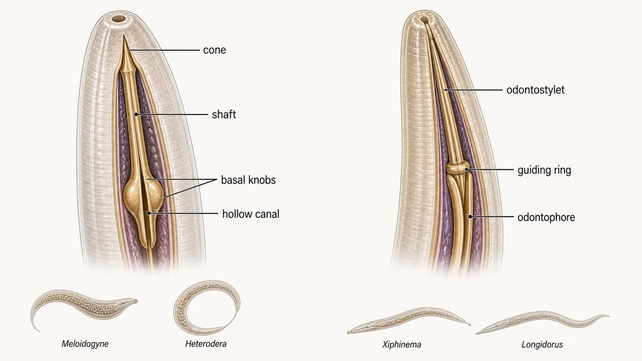 Comparison of stomatostylet and odontostylet in plant nematodes showing cone, shaft, basal knobs, guiding ring, and odontophore