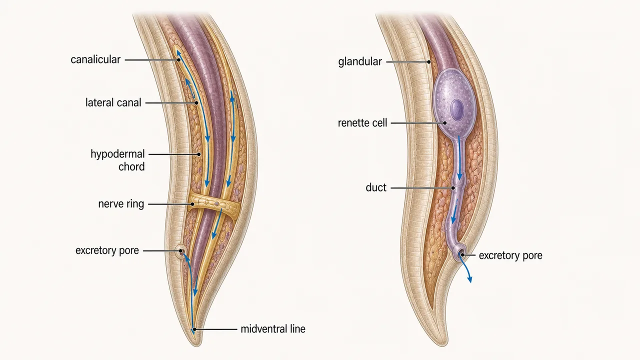 Comparison of canalicular and glandular nematode excretory systems showing lateral canal, hypodermal chord, excretory pore, and renette cell