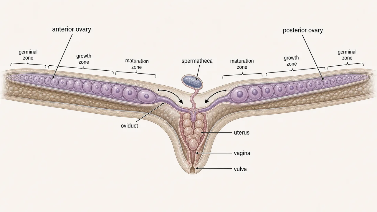 Amphidelphic female nematode gonad showing anterior and posterior ovaries, germinal, growth, and maturation zones, oviduct, spermatheca, uterus, vagina, and vulva